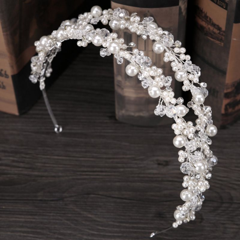 Diadema de novia Tiara nupcial corona hecha a mano perla doble capa boda tocados
