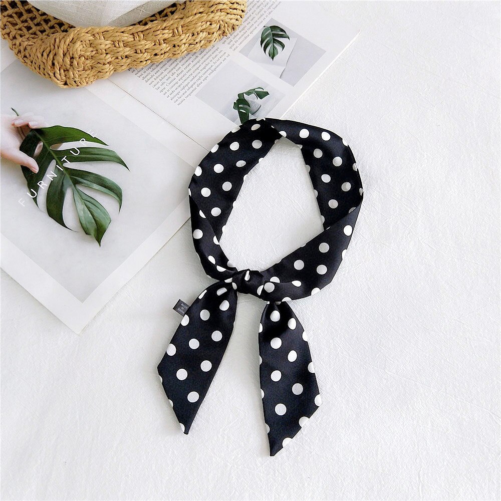 Spring Summer Women's Polka Dot Printed Silk Stain Hair Ribbon Tie Scarf Female Black White Green Yellow Bag Scarves: Black