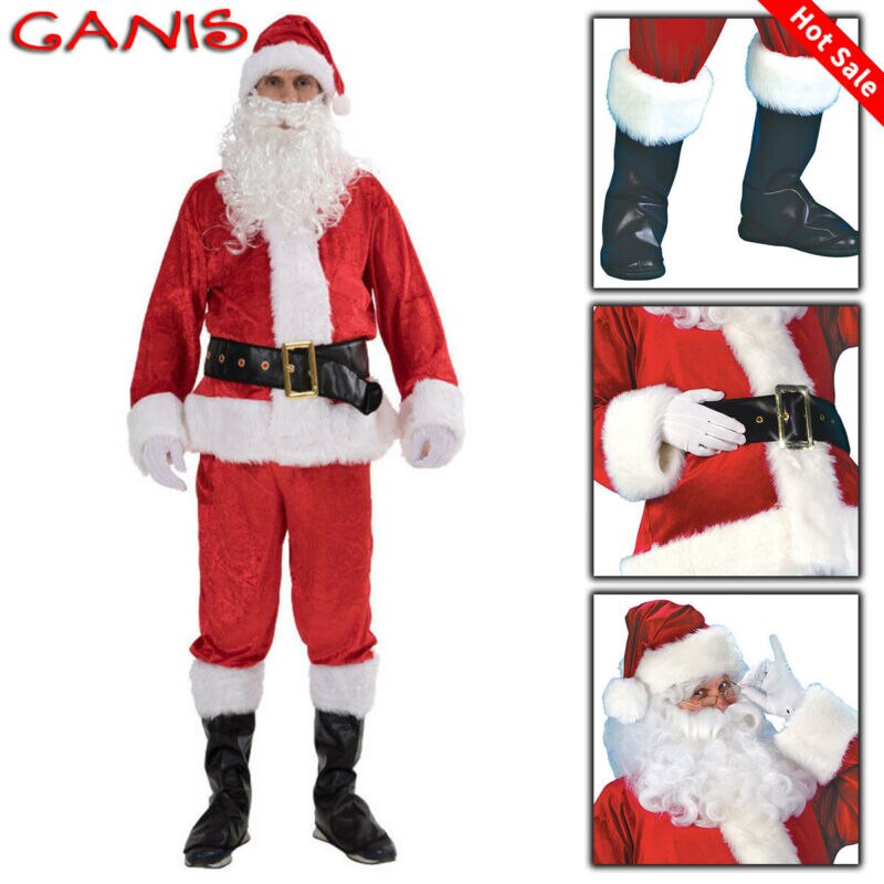 5 stk nissekostyme menn voksen dress julefest antrekk fancy julekjole jakke lue belte skjegg bukser dress s -3xl