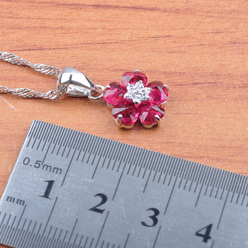 Zilver Kleur Sieraden Set Best Rode Zirconia Bloem Voor Vrouwen Oorbellen Ketting Hanger Ringen Armband Set JS0542