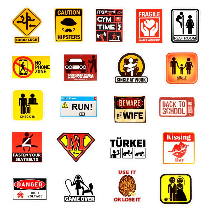 50 PCS Warning Sticker Reminder Danger Ban Signs Waterproof Decals Stickers to DIY Laptop Fridge Suitcase Snowboard Car Guitar