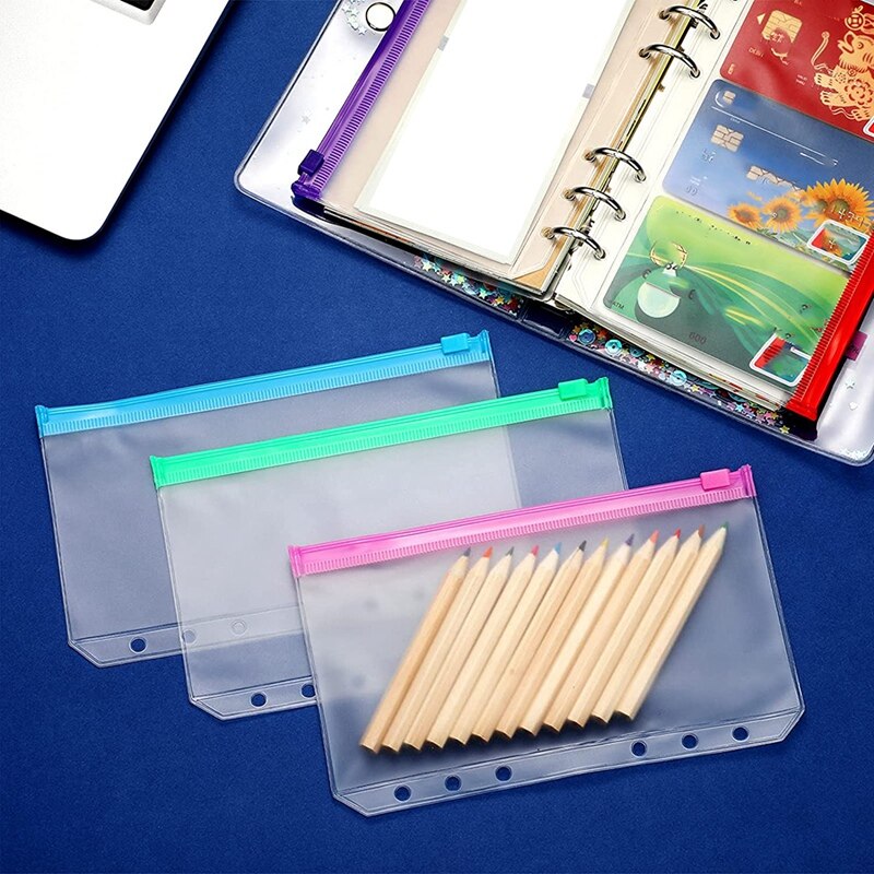 16 Pieces A6 Binder PVC Pockets Loose Leaf Bags Pouch Document Filing Bags for 6-Ring Notebook Binder Planner, 8 Colors