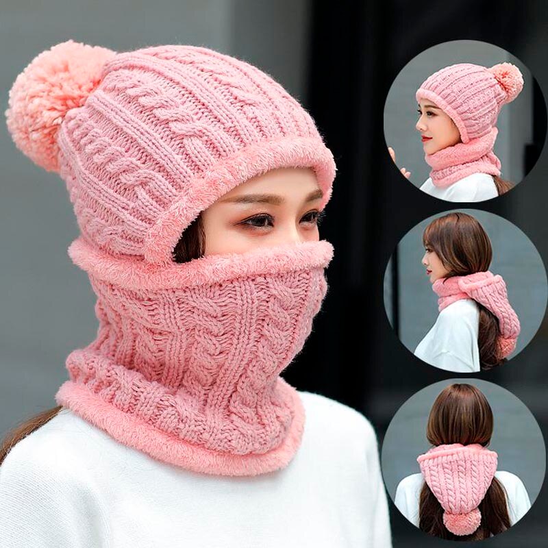 Fleecefodrad varm mössa dam stickad mössa vintermössa scarfset vintermössor för dam skullies mössor huva