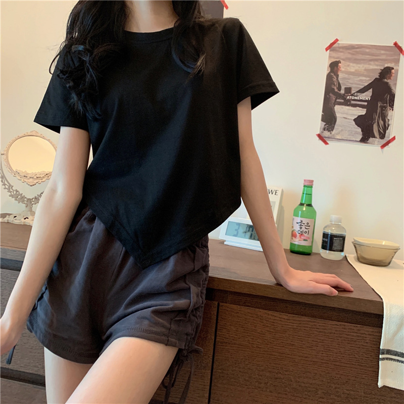 Fente pansement col en V Sexy haut court femmes coréen décontracté été T-shirt à manches courtes Y2K Streetwear haut tendance pour les femmes: XL / Black