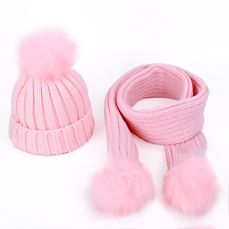 Efterår og vinter varme børns strikkede hat tørklæde sæt all-match pels kugle baby tyk uld hat tørklæde: Lyserød