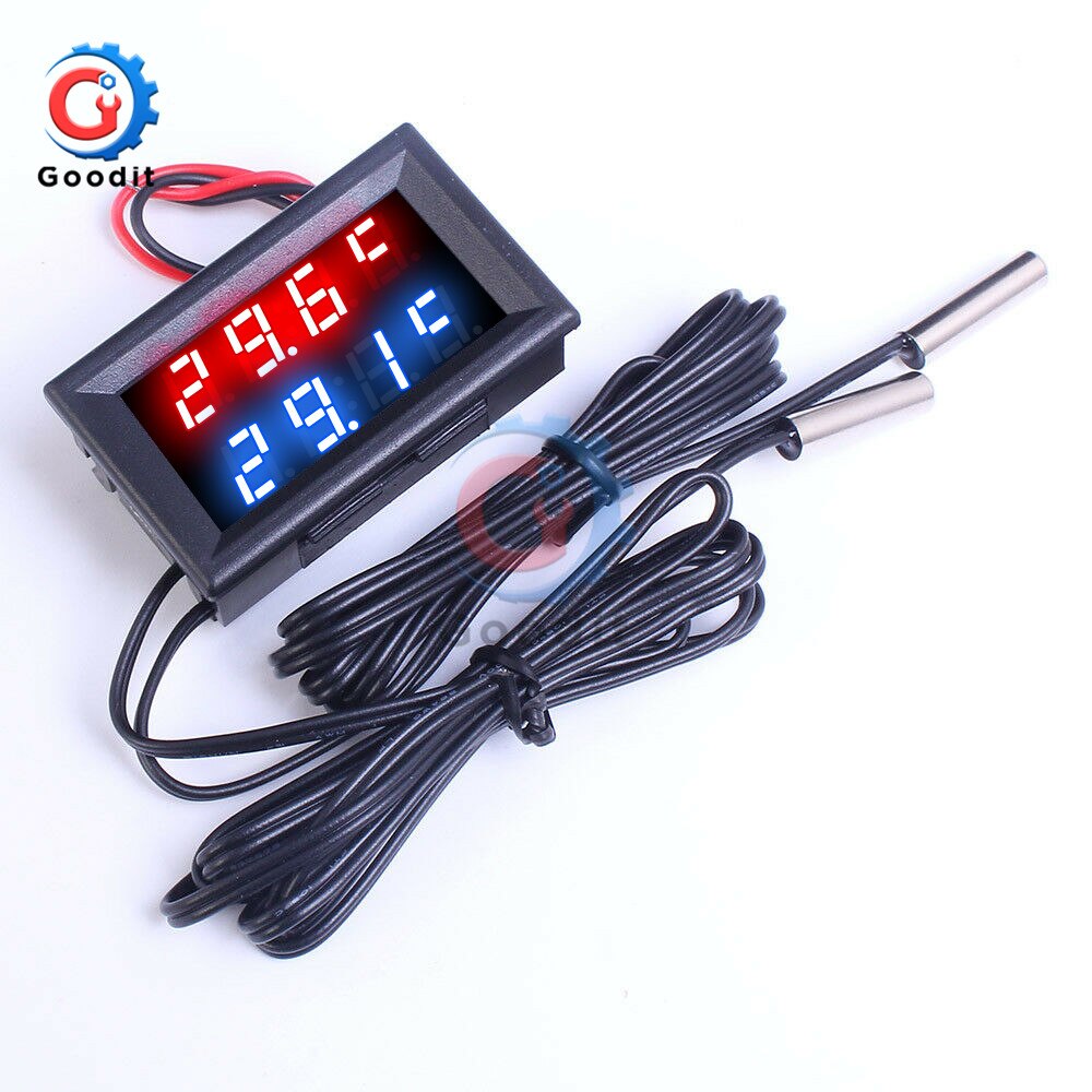 Mini LED Dual Display Digital Thermometer DC 4V-28V 0.28 inch w/ Dual NTC Waterproof Metal Probe Temperature Sensor Tester for I: 4 Bits Red Blue