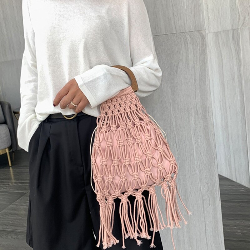 Sac tissé en bois Portable creux coton corde gland plage sac Net sac tricot sac à main rose