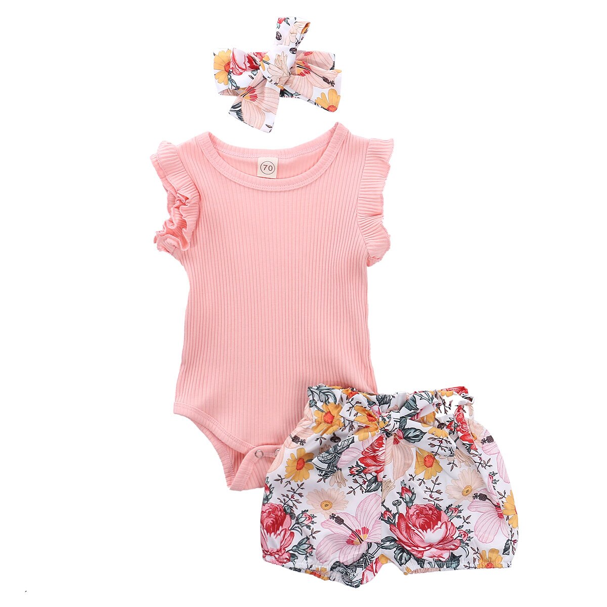 Mise au point 0-24M été filles garçons vêtements ensembles volants Shorts manches barboteuse Shorts floraux bandeau 3 pièces: Rose / 24M