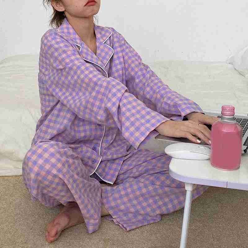Ensemble pyjama coréen violet à manches longues pour femmes, vêtements de maison, mignon, hiver