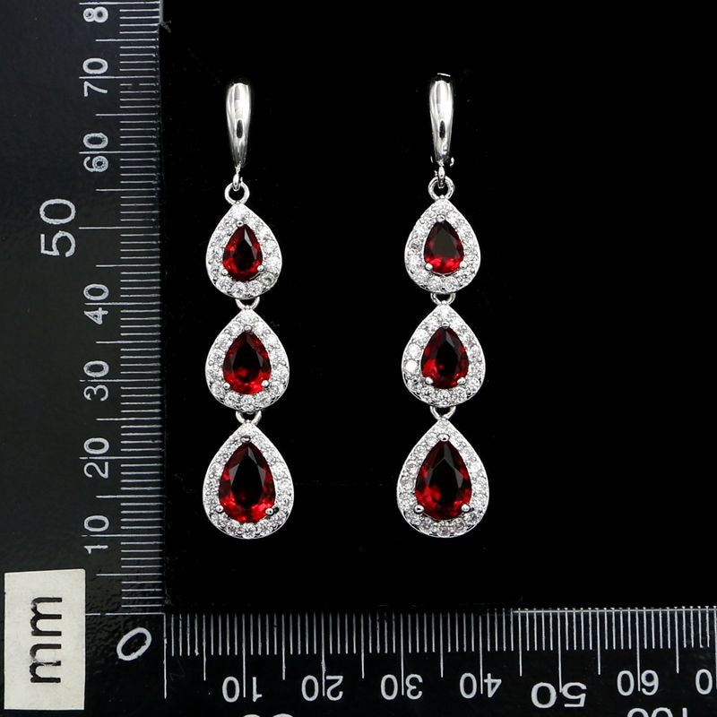 925 Sterling Zilveren Bruids Lange Oorbellen Rode Zirconia White Crystal Water Oorbellen Voor Vrouwen