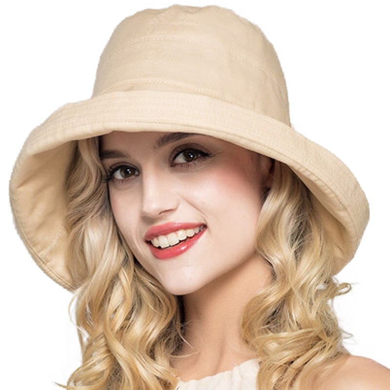 FS Summer Womens Cotton Wide Brim Sun Hats Foldable Casual Viseira Feminina Sun Visor Caps Bucket Hat Chapeu Feminino: Beige