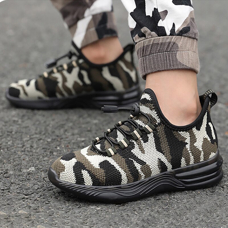 Children Camouflage LED Shoes Boys Knit Mesh Breathable Running Sports Shoes Luminous Sole Anti-Slip Casual Kids Sneakers