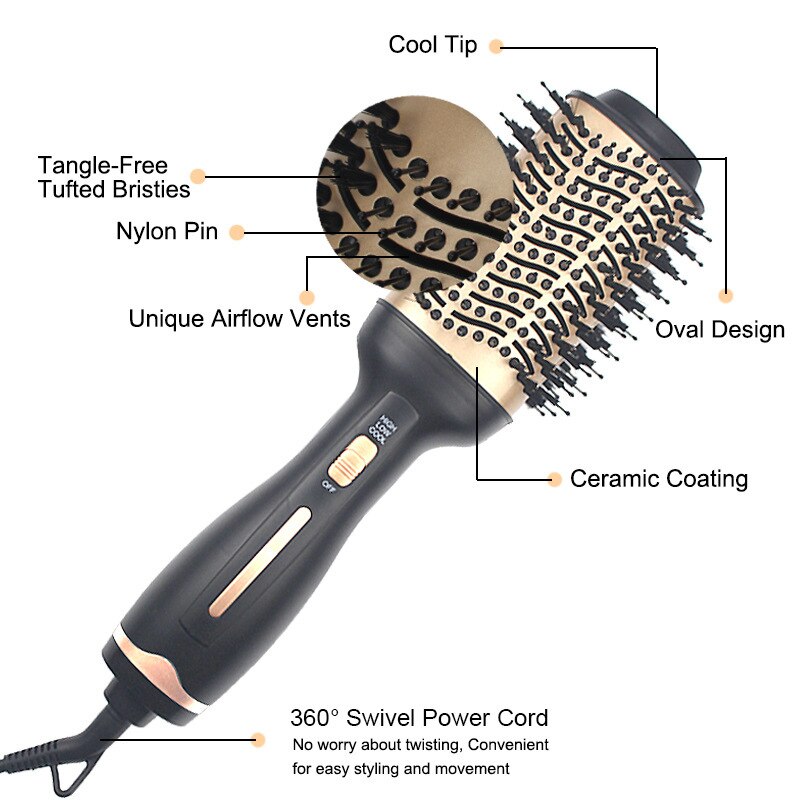 2 In 1 Elektrische Pro Föhn Borstel Krultang Haar Krultang Ionen Keramische Roterende Haardroger Kam Föhn styling Tool: Goud / Au