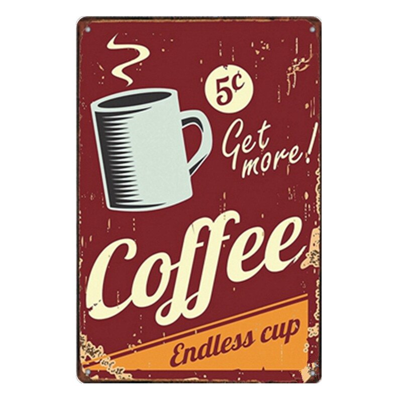 Holde roen drikke kaffe kafé butikk kjøkkeninnredning vintage blikkskilt shabby kunst hengende jernmalerier metallplaketter plateplakater