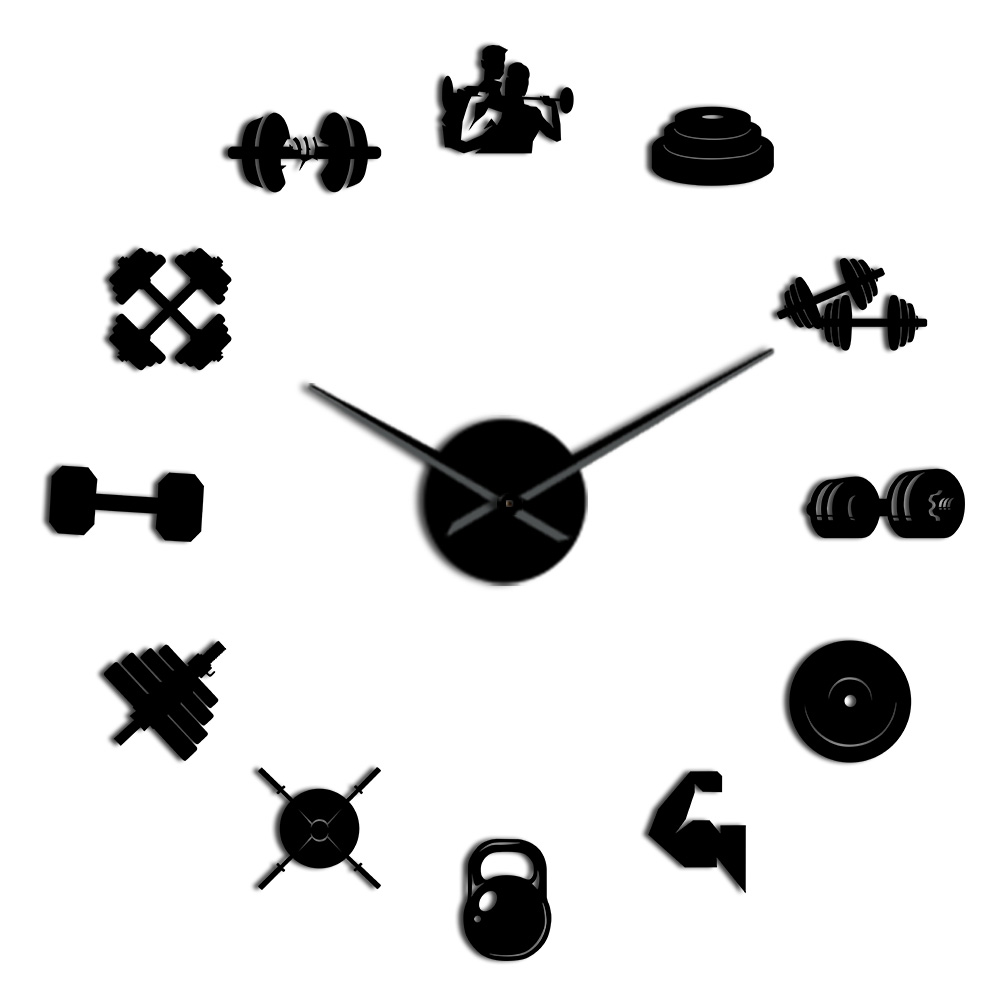 Sports Gym Equipment DIY Frameless Giant Wall Clock With Art Fitness Dumbbell Stickers Large Wall Watch Workout Trainers: Black / 27 Inch