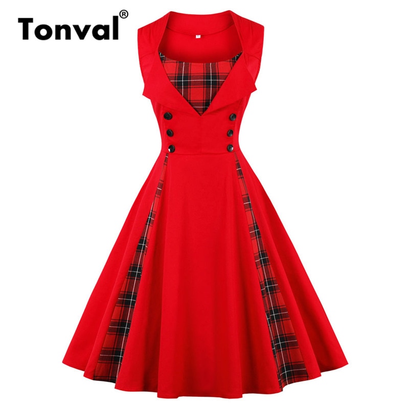 Tonval plaid vintage rød tunika sommerkjole kvinder knap pinup piger 1950s kjole bomuld plus størrelse retro kjoler