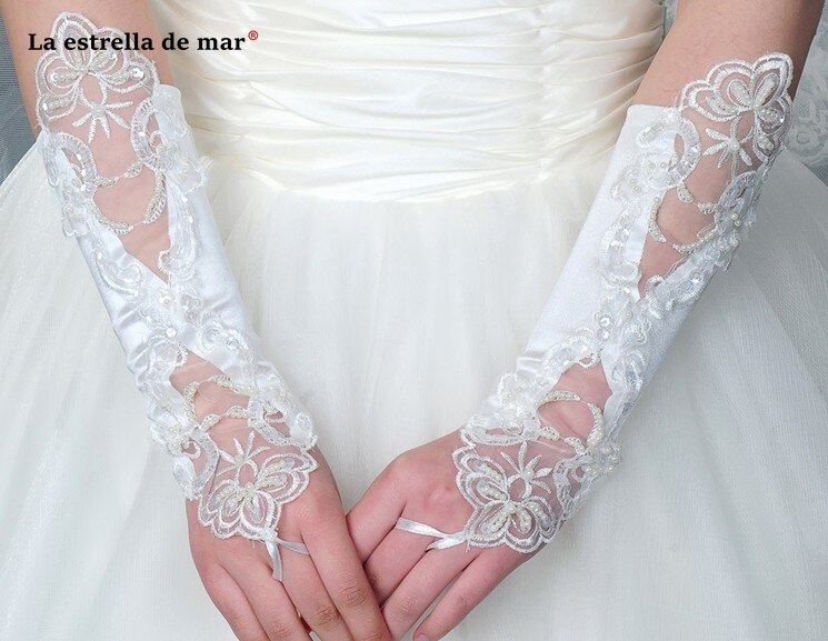 Gants de mariage pour mariée perle multicolore satin sans doigts mariée gants de mariage coude spot applique mariage perlé