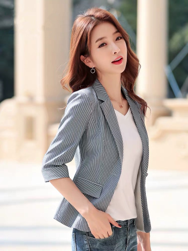 Blazers y chaquetas cortas a rayas para mujer coreana, ropa de abrigo de manga larga, abrigos de mujer, ropa de trabajo, rosa, tallas grandes