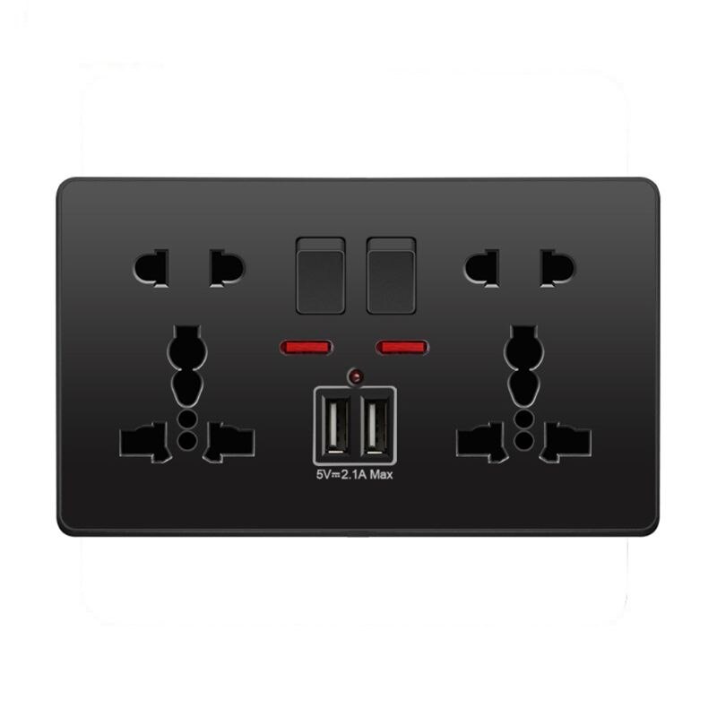 Multifunction UK 13A Wall Socket Push Button 2.1A Double USB Charging Ports Three-hole Two-hole Home Wall Outlet Button: Black