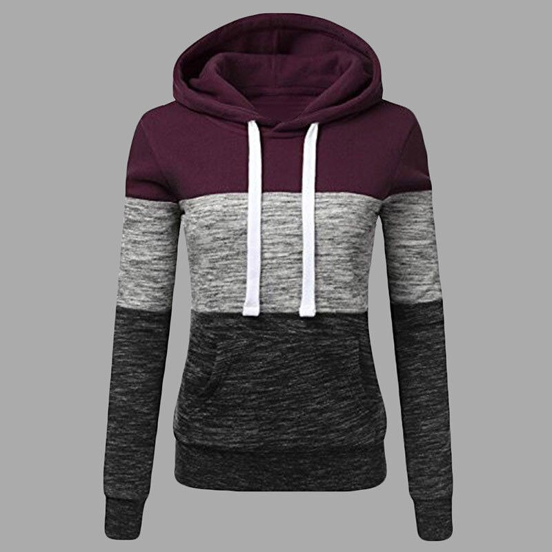 Winter sportswear ladies color block hoodie casual long-sleeved pullover: M / rose red