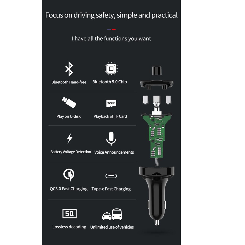 BT29 Bluetooth 5.0 Car FM Transmitter Bass MP3 Player FM Radio Adapter Charger Dual USB output supports USB disk