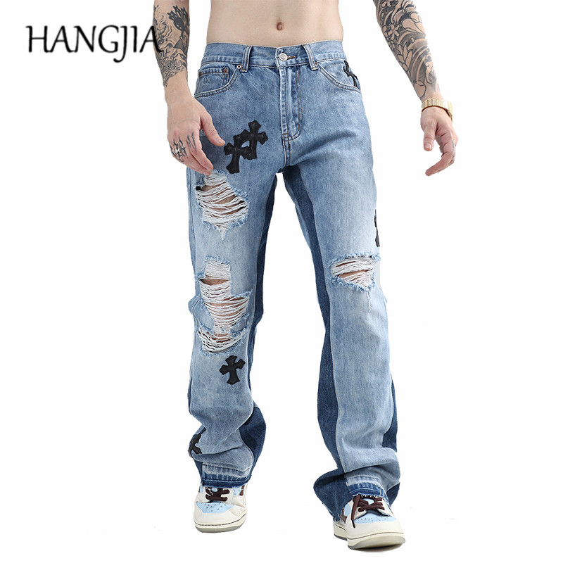 Pantalones vaqueros rasgados para hombre y mujer, ropa urbana de retales de cuero PU con costuras cruzadas, Micro acampanados, estilo Hip Hop
