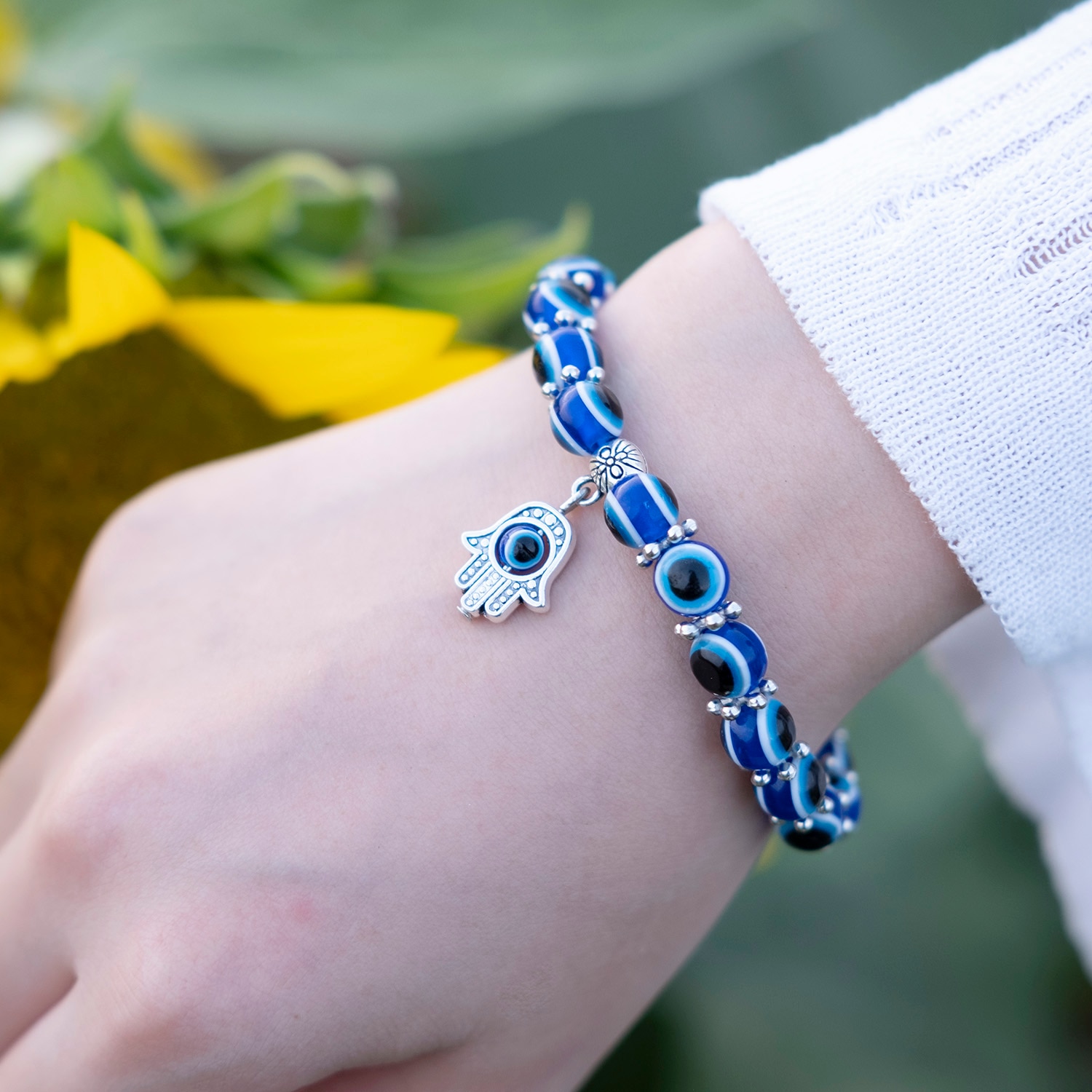 Niebieska bransoletka Evil Eye dla kobiet mężczyzn turecka dłoń wisiorek oczy koraliki Handmade szczęśliwa bransoletka elastyczna regulacja Charm bransoletka