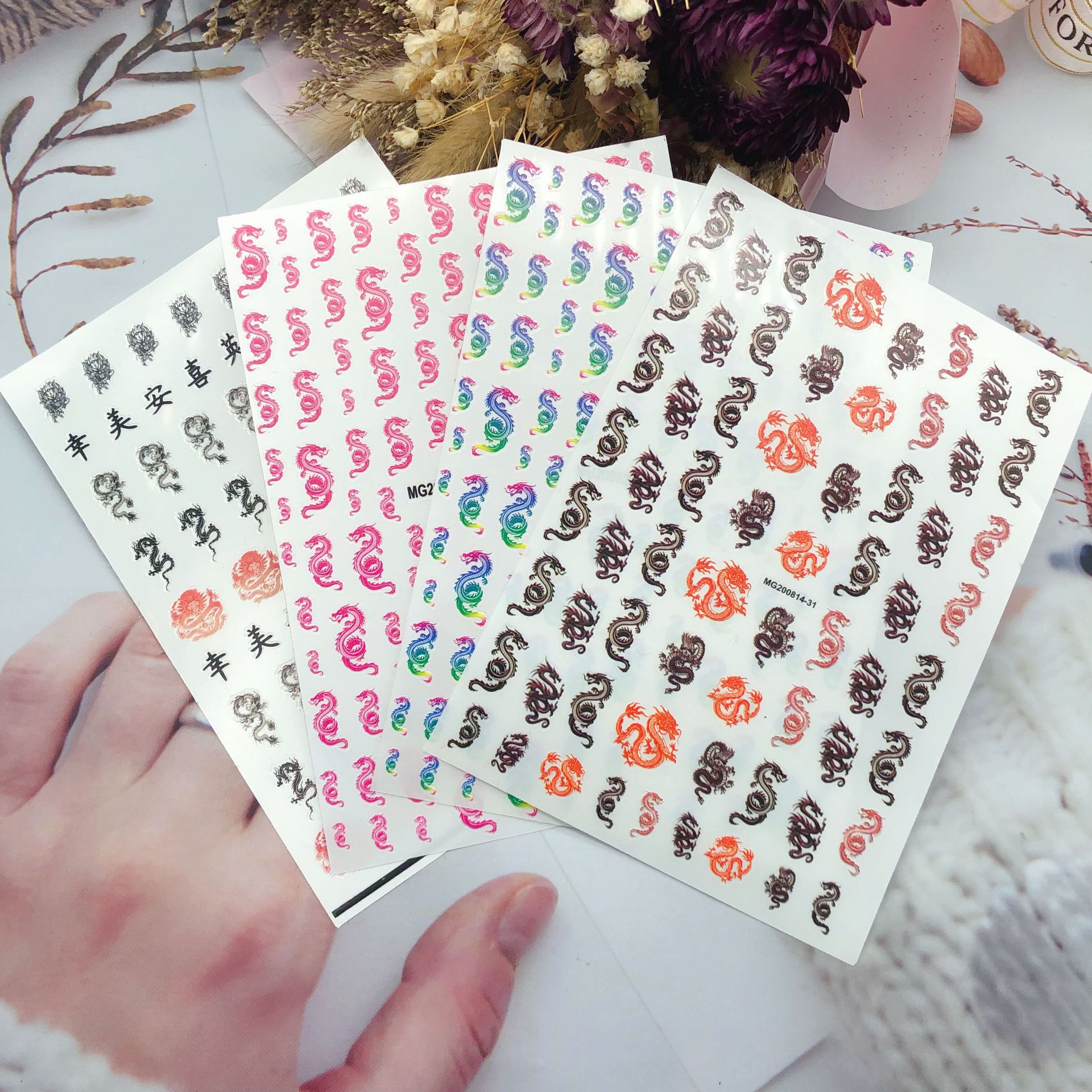 10 Pcs Nail Art Stickers Sliders Kleurrijke Chinese Draak Phoenix Nail Decals Folie Diy Nail Art Decoratie