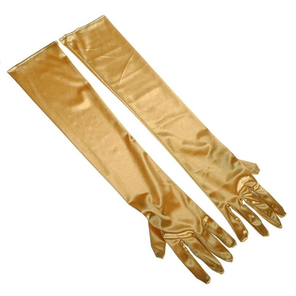 Guantes largos de satén elásticos, lisos, de seda de colores, hasta el codo, de estilo básico para mujer: Dorado