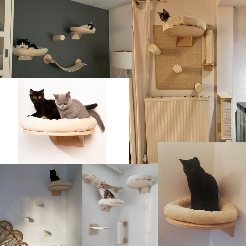 Cat Wall Climbing Shelf with Mat Solid Wooden Pet Furniture Climbing Cat Hammock Bed Tree for Activity Indoor Cats Perches
