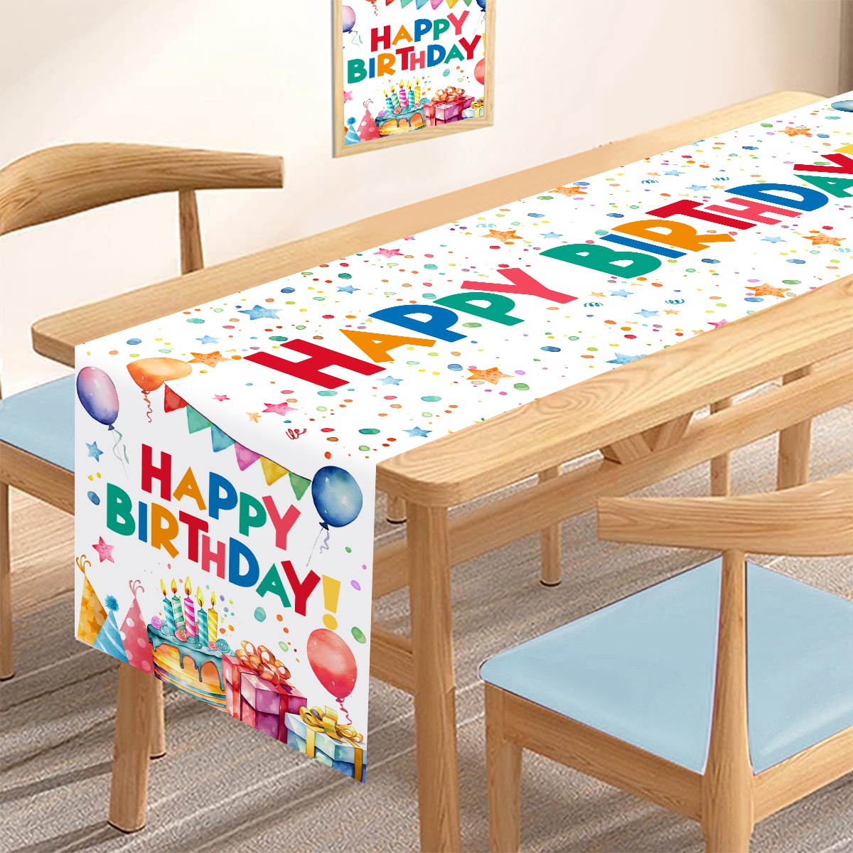 1pc Happy Birthday Party Polyester Table Runner with Colorful Balloons & Cake for Indoor/Outdoor Celebrations Home Birthd