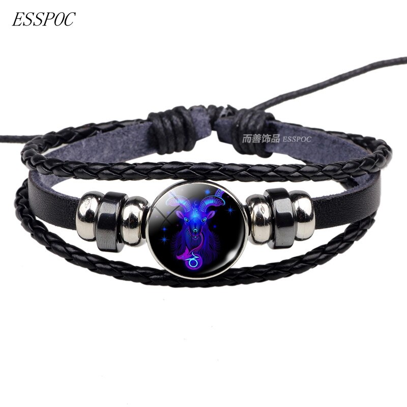 12 stjernebilleder sort reb flettet læder armbånd stjernetegn armbånd cancer leo jomfru libra scorpio til mænd kvinder: Stenbukken