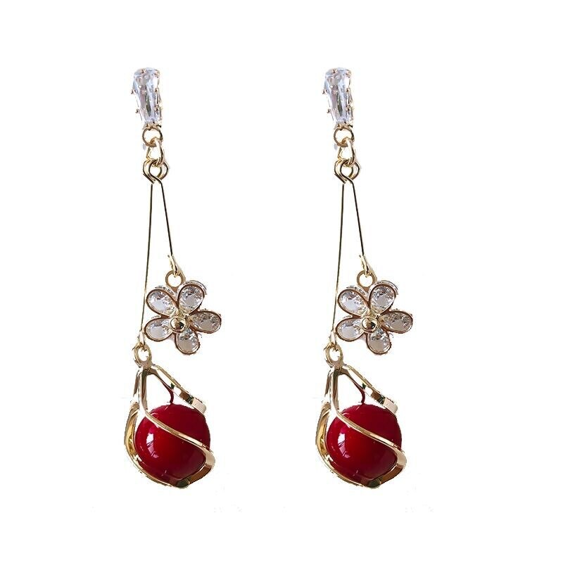 Zoete Bloemblaadjes Lange Oorbellen Vrouwelijke Overdreven Rode Kwastje Romantische Oorbellen Elegante Metalen Bloem Sieraden Voor Vrouwen: Drop Earrings2