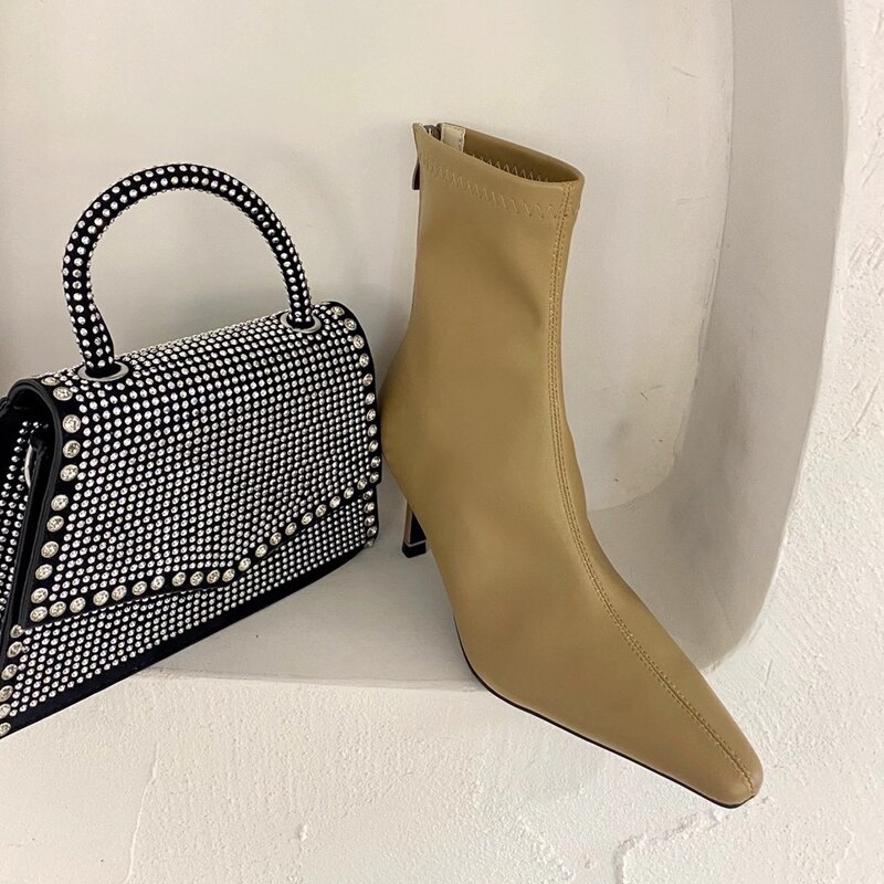 Women Ankle Boots Pointed Toe Stretch Botas Thin High Heels Black Beige Khaki Solid Color Pumps Winter Boots: Beige / 5.5