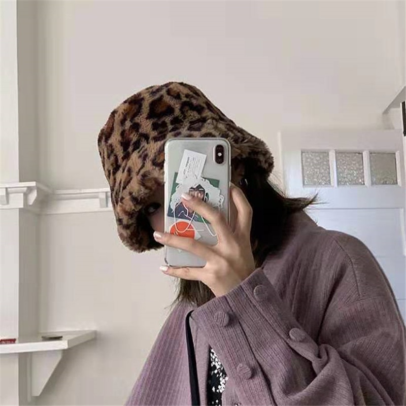 Korea Herfst Winter Vintage Luipaard Pluche Emmer Cap Japanse Zoete En Mooie Visser Hoed Warme Gewatteerde Bekken Cap 56 -58 Cm