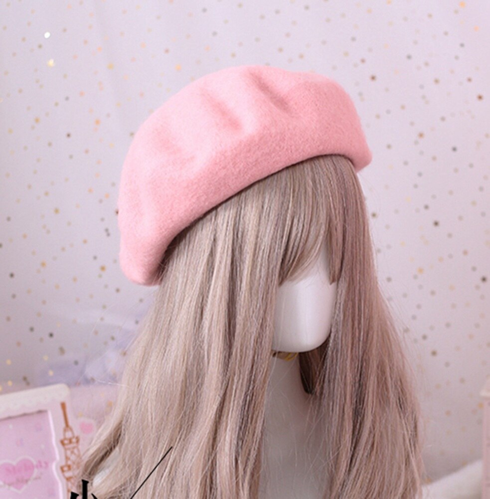 Solid Color Wool Beret for Women Girls Winter Autumn Beanit Hat: Pink