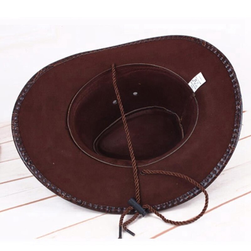 Klassieke western cowboyhoed voor heren en dames, pu-leren brede rand, outdoor zonnehoed met verstelbare vetersluiting, ademende gaten