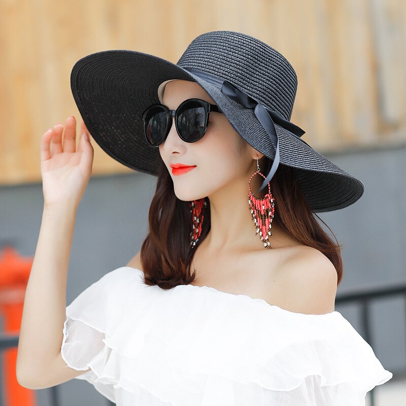 women's straw hat wide brim sun hat ladies solid black ribbon bow floppy beach hat female packable summer hat: A5