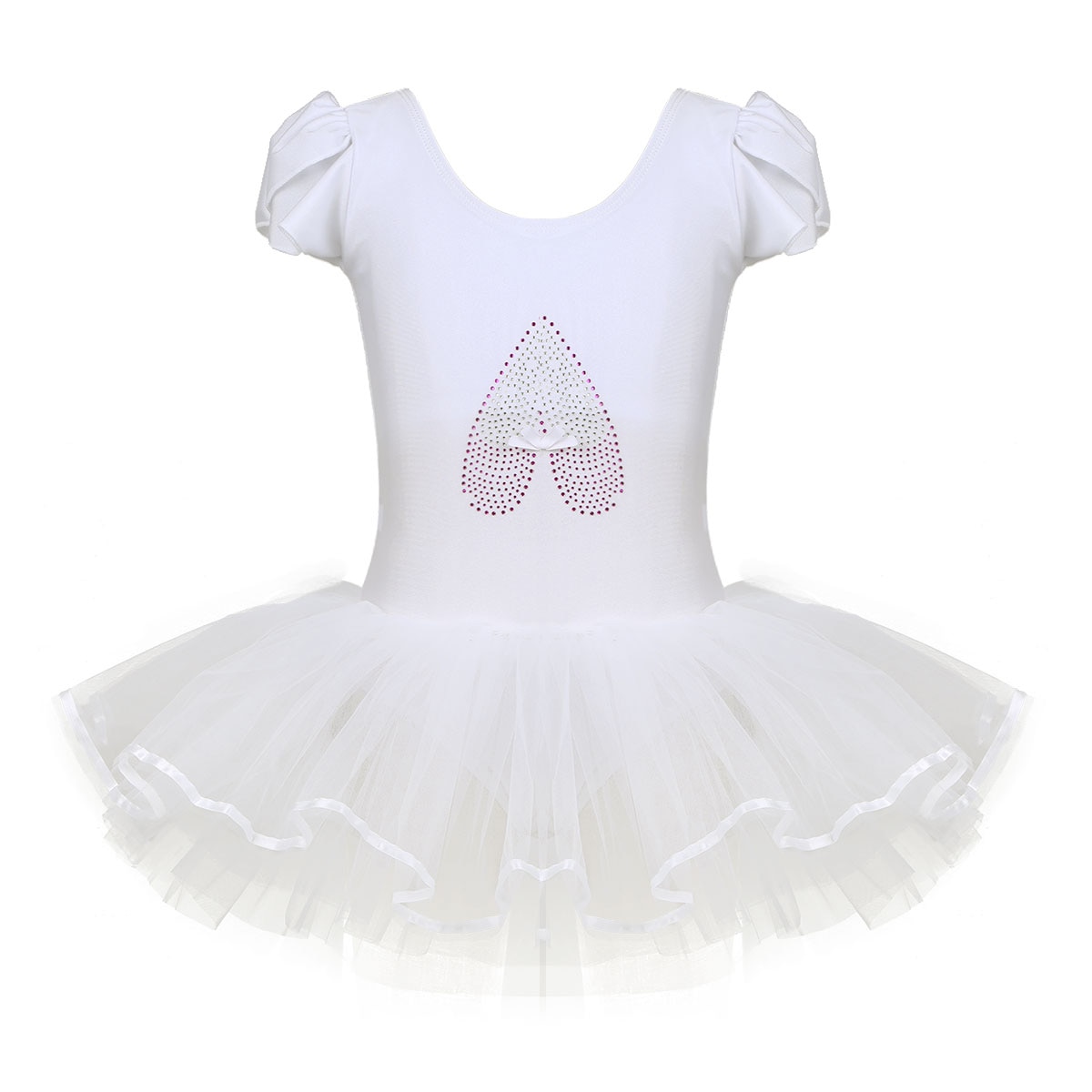 Kids Girls Pink Ruffled Cap Sleeves Sequined Ballerina Shoe Pattern Ballet Dance Gymnastics Leotard Tutu Mesh Dance Dress Briefs: Ivory / L