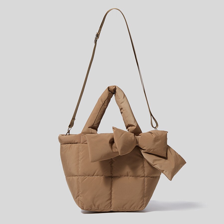 Wintertasche mit schleife, schultertasche für damen, wasserdichte nylontasche, gepolstert mit baumwolle und daunen: Kastanienbraun