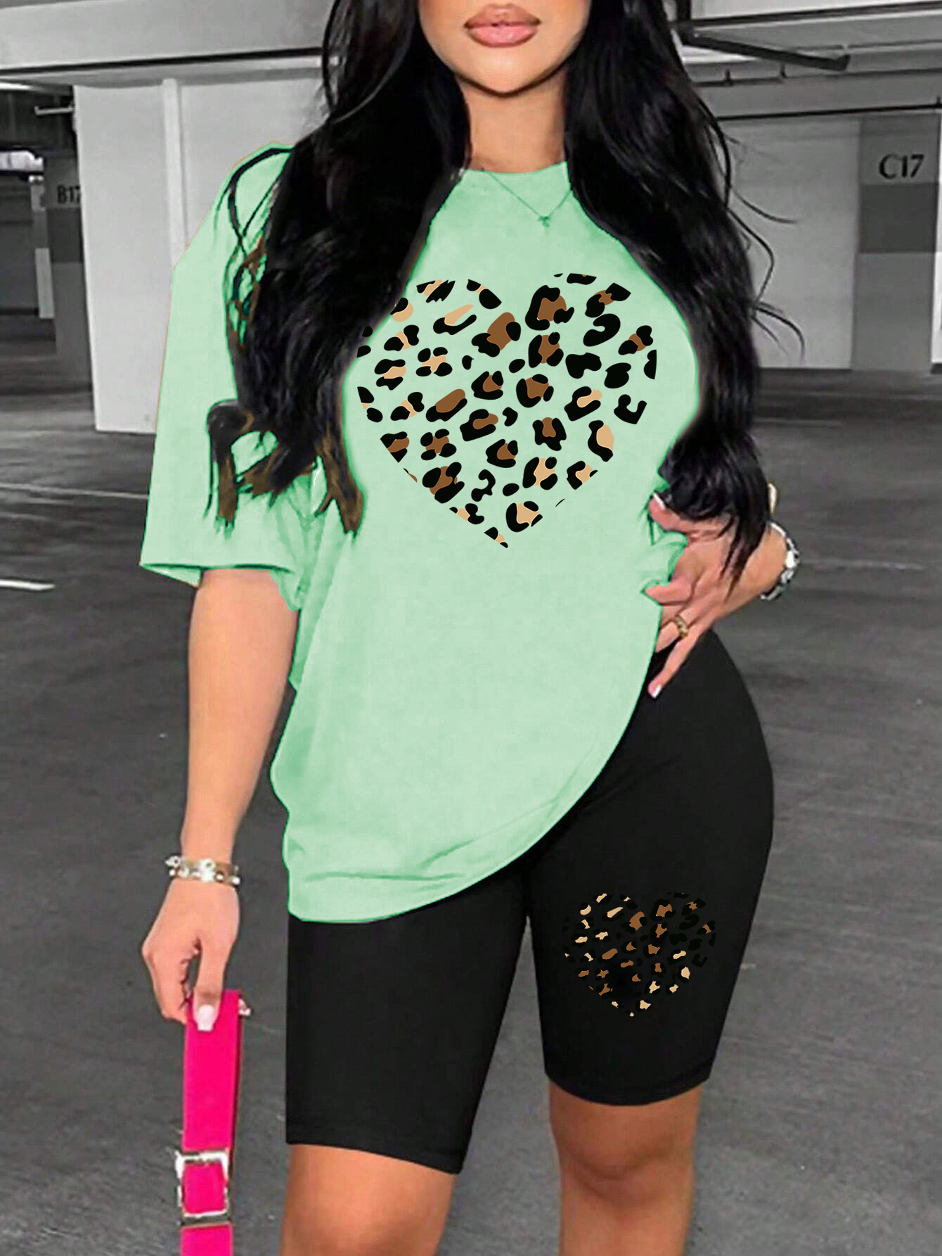 Zweiteiliges Damen-einstellen mit Leopardenmuster, hohles Herzmuster, bequemes, atmungsaktives Kurzarm-kurze Hose-einstellen, tägliche, vielseitige kurze Hose-setzt: L / Rosa