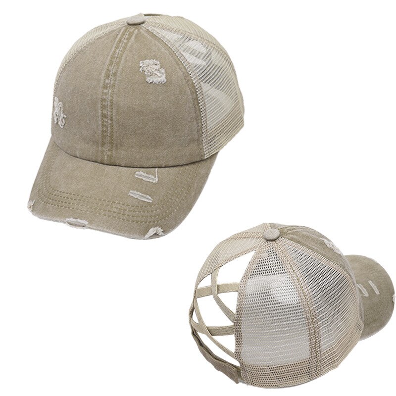 Verstelbare outdoor sport gat casual criss cross paardenstaart mesh zonnehoed reizen magische sticker baseball pet unisex zomer: Khaki