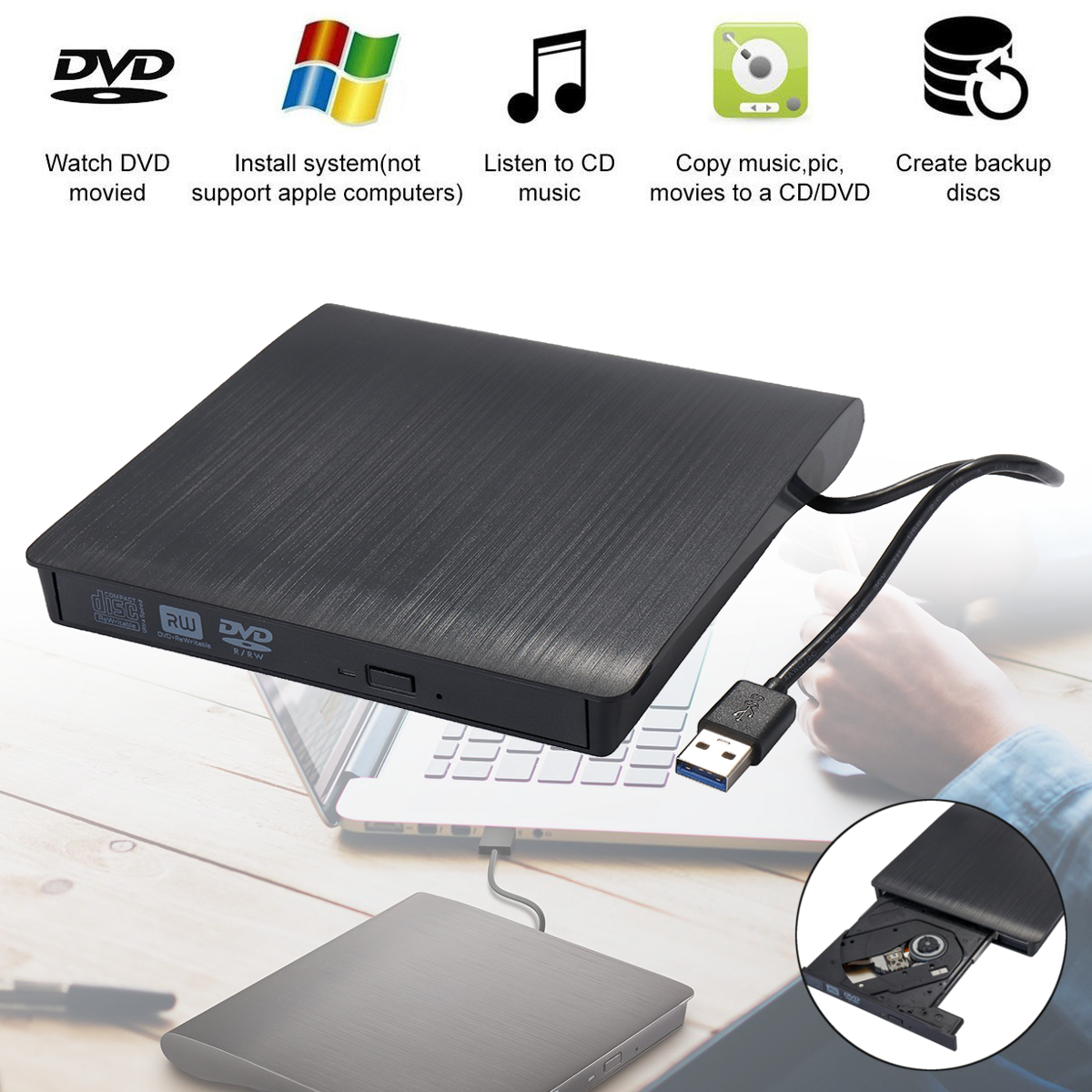 Schlank Externe DVD Drive USB 3,0 DVD-RW CD-RW Combo Laufwerk Brenner Reader Player Recorder Portatil für Laptop