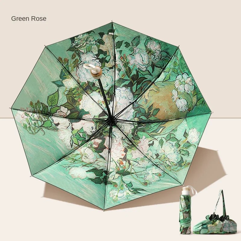 Folding Umbrella - 48-53cm Radius - Oil Painting Print - Anti-UV Sun Protection - Black Coating Fabric