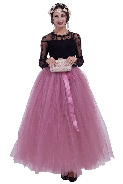 Schwarz Hoopless Lange Petticoat Hochzeit Krinoline Ballkleid Unterrock Schichten Tüll Rock Frau Erwachsene Tutu Braut Zubehör: Bean Pink