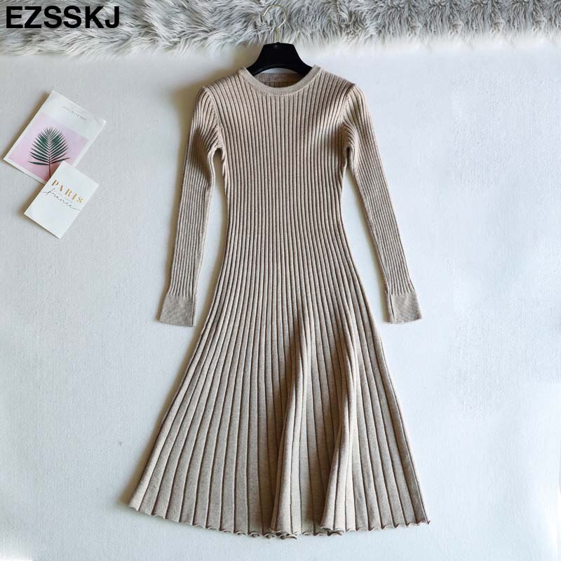 Vestido femenino de punto grueso con manga larga para otoño e invierno, traje básico con cuello redondo para mujer, corte en A, informal: Caqui