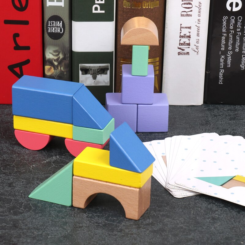 Baby Toy Wooden Block 15pcs Wooden chopping Block with Card Colorful intelligence Educational Toy for Children for above 1
