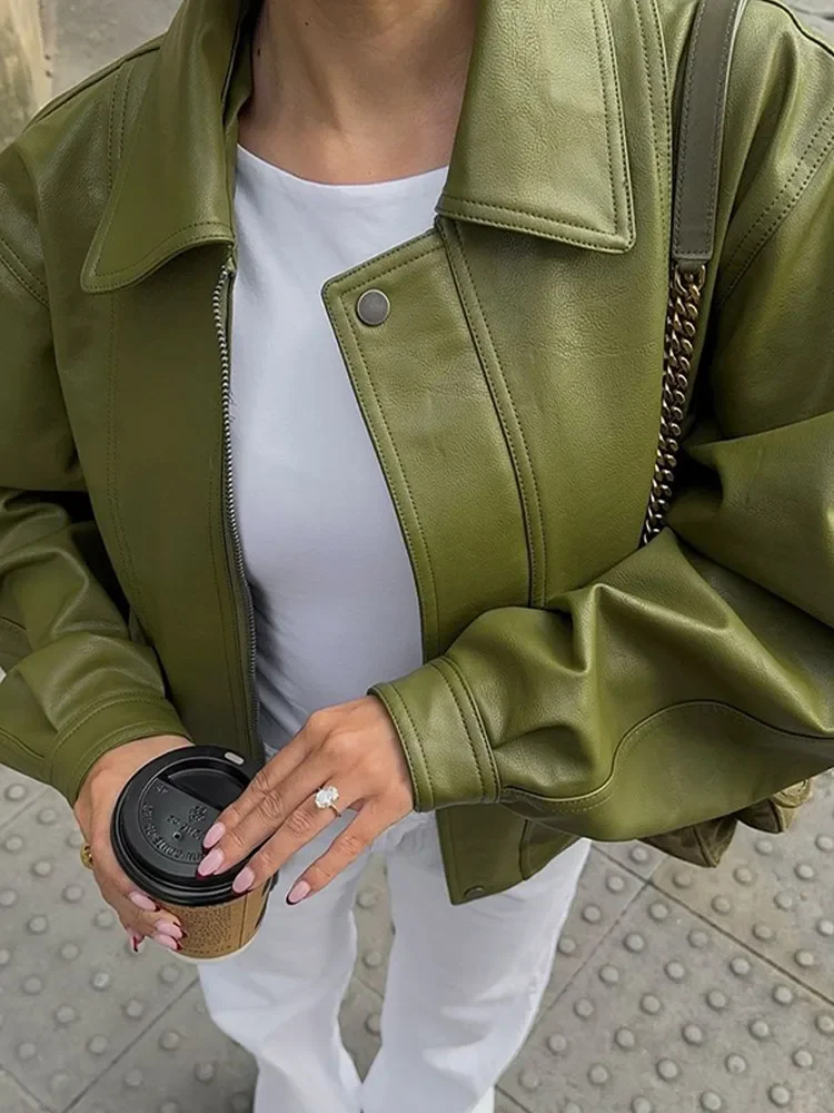 Groene mode oversized rits dames leren jas elegante kraag lange mouw casual jas dame chique losse streetwear