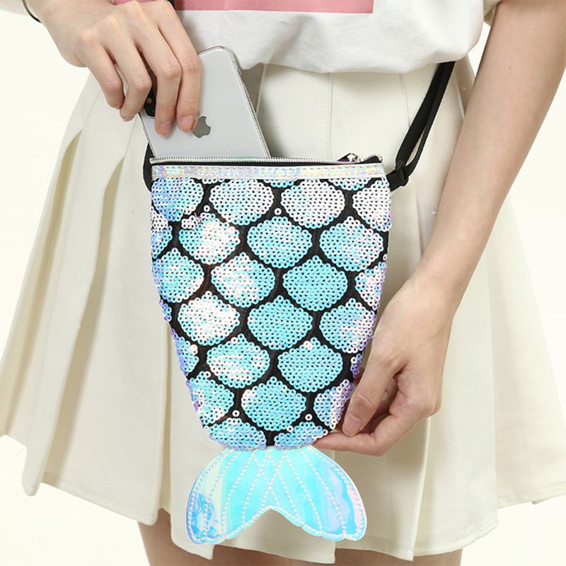 Sequins Hologram Fish Tail Coin Purse Mini Travel Crossbody Shoulder Bag for Women Girls