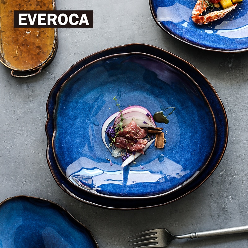 Prato de cerâmica irregular louças, prato de comida ocidental da série europeu azul de salada de vidro prato principal utensílios de cozinha